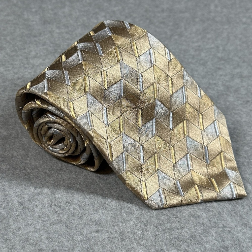 Vintage Joseph Feiss Silk Tie Geometric Cube Gold Blue Mens Necktie 58x4in